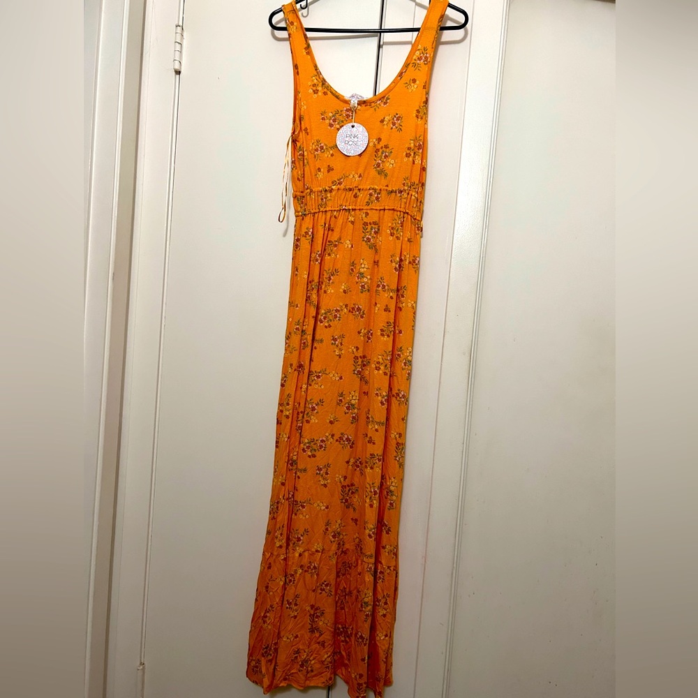 Pink rose maxi dress yellow floral M new with tags